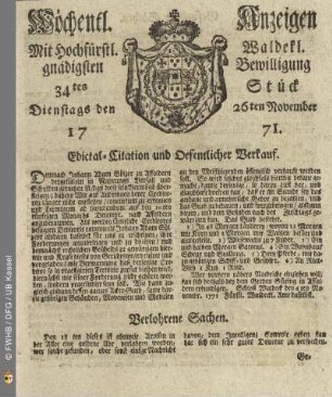 34tes Stück, Dienstags den 26ten November 1771