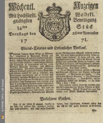 34tes Stück, Dienstags den 26ten November 1771