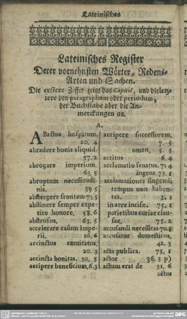 Lateinisches Register Derer vornehnsten Wörter, Redens-Arten und Sachen