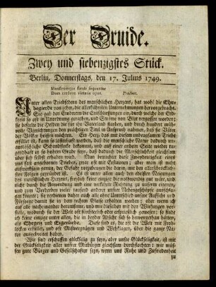 Zwey und siebenzigstes Stück. Berlin, Donnerstags, den 17. Julius 1749