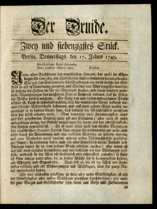 Zwey und siebenzigstes Stück. Berlin, Donnerstags, den 17. Julius 1749