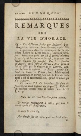 CXXVIII-CXXXIX, Remarques sur la vie D'Horace.