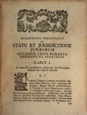 Dissertatio Inauguralis De Statu Et Jurisdictione Judæorum : Secundum Leges Romanas, Germanicas, Alsaticas