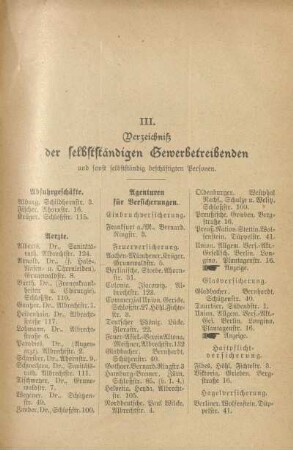 III. Verzeichniß der selbstständigen Gewerbetreibenden