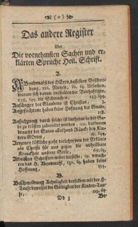 Das andere Register Uber Die vornehmsten Sachen und erklärten Sprüche Heil. Schrift