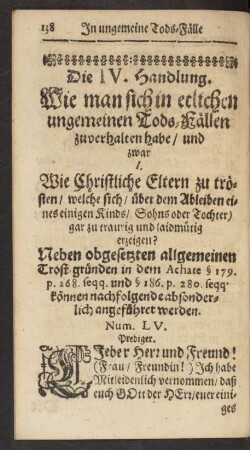Die IV. Handlung. Wie man sich in etlichen ungemeinen Tods-Fällen zuverhalten habe ...
