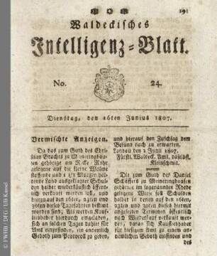 No. 24, Dienstag, den 16ten Junius 1807