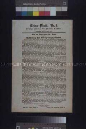 Maueranschlag: Rede des Abgeordneten Dr. Jacoby über die Aufhebung des Belagerungszustandes in der Zweiten Kammer. Extrablatt Nr. 1; 26. April 1849