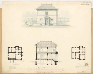 Villa Monatskonkurrenz Februar 1875: Grundriss Keller, Obergeschoss 1:150, Aufriss Vorderansicht, Querschnitt 1:100; 2 Maßstabsleisten