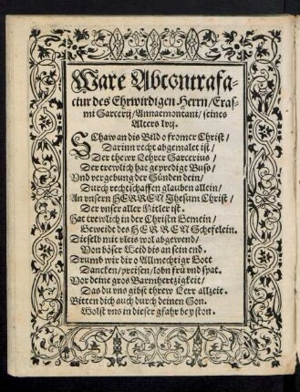 Ware Abcontrafactur des Ehrwirdigen Herrn/ Erasmi Sarcerii/ Annaemontani ...