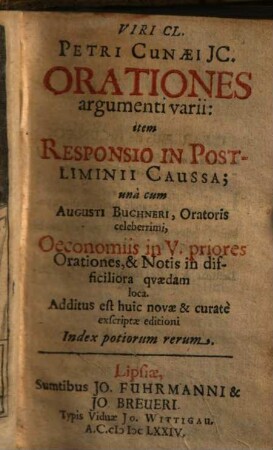 Viri Cl. Petri Cunaei JC. Orationes argumenti varii