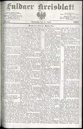 Erste Ausgabe vom Donnerstag, den 21. April 1892.
