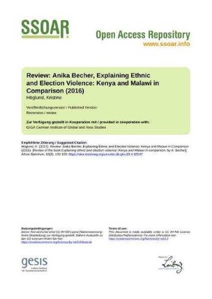 Review: Anika Becher, Explaining Ethnic and Election Violence: Kenya and Malawi in Comparison (2016)