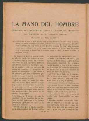 La mano del hombre : Monólogo de Luis Arnaldo Vassallo (Gandolin). - Creación de Ernesto Novelli. - (Traducido por Julio Castellanos)