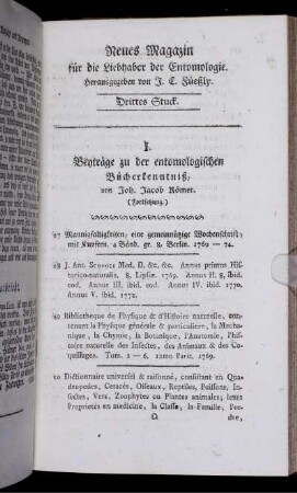 I. Beyträge zu der entomologischen Bücherkenntniß