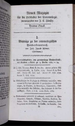 I. Beyträge zu der entomologischen Bücherkenntniß