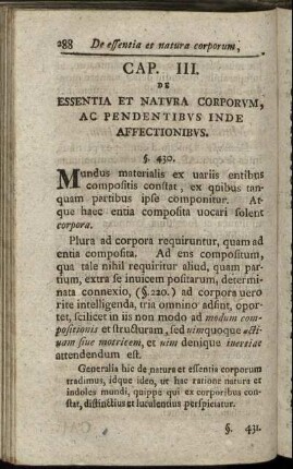 Cap. III. De Essentia Et Natura Corporum, Ac Pendentibus Inde Affectionibus.