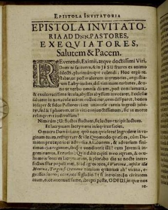 Epistola Invitatoria Ad Dnn. Pastores, Exequiatores [...]