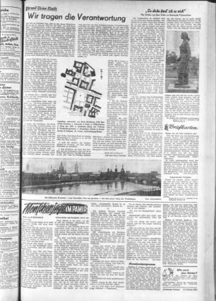 Sächsische Zeitung 8 (1953)... vom 21. Februar. Seite ...: Themenseite "Du und Deine Stadt" (Dresden) mit Leserbriefen. Romanfortsetzung