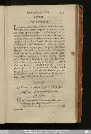 LXXVIIII. La science, la plus nécessaire & la plus négligée, est la connoissance de soi-même.