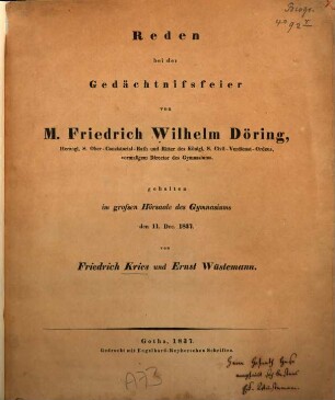 Reden bei der Gedächtnißfeier von Friedrich Wilhelm Döring