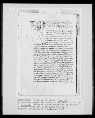 Handschrift Hieronymus super Matthaeum et Marcus, fol. 1 v: Textseite mit Titel und Initiale P