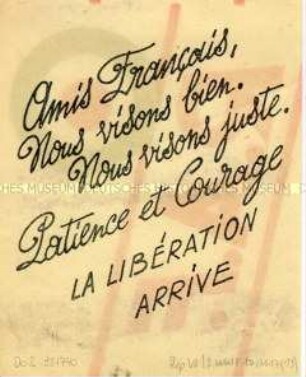 Handzettel mit dem Aufruf der Royal Air Force an die französische Bevölkerung zu Geduld und Mut