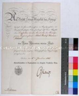 Verleihungsurkunde zum Roten Adlerorden für den königlich-preußischen Rechnungsrat Hermann Schulz, mit Briefumschlag