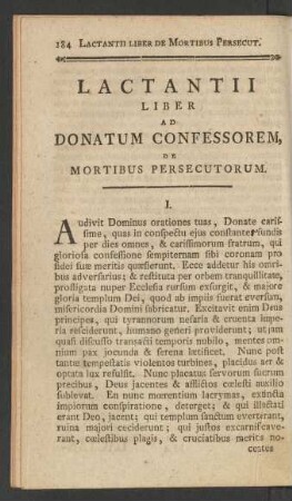 Lactantii Liber Ad Donatum Confessorem, De Mortibus Persecutorum