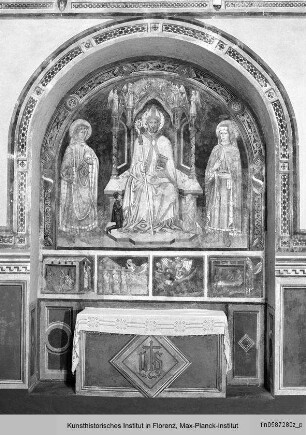 Der Heilige Nikolaus, thronend, mit den Heiligen Cosmas und Damian
