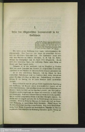 I. Ueber den obligatorischen Turnunterricht in der Volksschule