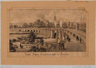 Die Eisenbahnbrücke (Marienbrücke) in Dresden, Blick vom Neustädter Brückenkopf nach Südwesten über die Elbe und die Brücke, im Hintergrund die Friedrichstadt