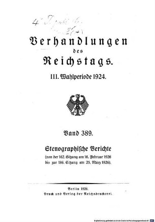 Verhandlungen des Reichstages. Stenographische Berichte. 389, 389. 1924
