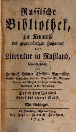 Russische Bibliothek, zur Kenntniß des gegenwärtigen Zustandes der Literatur in Rußland. 11. 1787