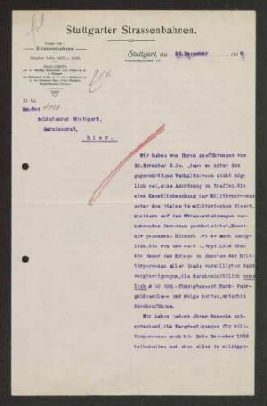Aufhebung von Begünstigungen für Militärpersonen bei den Stuttgarter Straßenbahnen