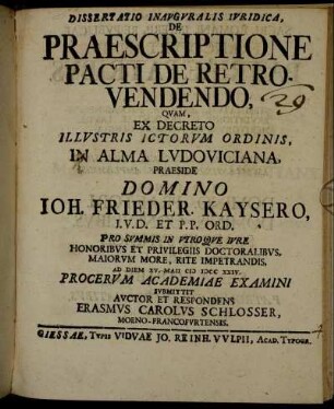 Dissertatio Inavgvralis Ivridica, De Praescriptione Pacti De Retrovendendo
