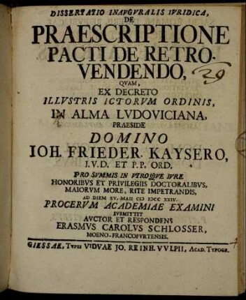 Dissertatio Inavgvralis Ivridica, De Praescriptione Pacti De Retrovendendo