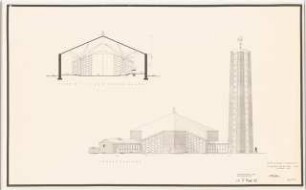 Siedlung Leverkusen-Alkenrath Katholische Kirche: Katholische Kirche: Südostansicht und Schnitt 1:100 (Zeichnung des Architekten)