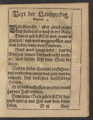 Text der Leichpredigt. Sapient. 4.