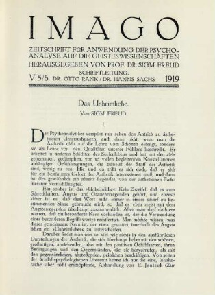 Das Unheimliche. Von Sigm. Freud
