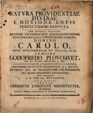 Disp. de natura providentiae divinae et notione entis perfectissimi deducta