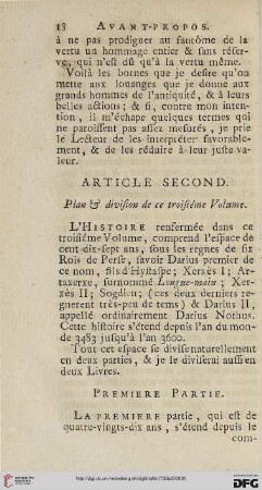 Article second: Plan & division de ce troisième Volume