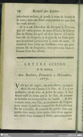 Lettre CCXXXIV. A la même. Aux Rochers, Dimanche 1. Décembre, 1675