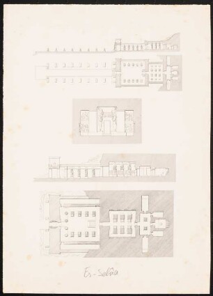 Felsentempel im Wadi es-Sebua (»Tal der Löwen«): wie Inv.Nr. 44830,1: Gesamtgrundriss und Gesamtschnitt der Anlage von Ramses II, Grundriss und Schnitt des Hemispeos