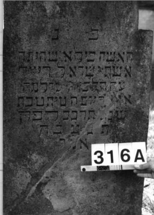 Grabstein 316 (Index: 100085220) Zustand: Stein zerschlag. /zusammengefügt Maße HxBxT: 119x60x13 cm Beschreibung: Stele, eingezogener Rundbogenabschluß, Schriftfeld eingetieft mit Maßwerk: Grabstein 316A