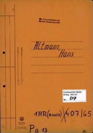 Personenheft Hans Altmann (*27.06.1884), Kriminalsekretär