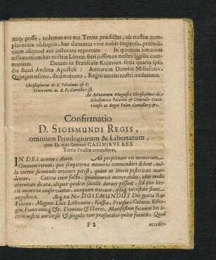 Confirmatio D. Sigismundi Regis, omnium Privilegiorum & Libertatum, quas D. eius Genitor Casimirus Rex Terris Prussiae concesserat.