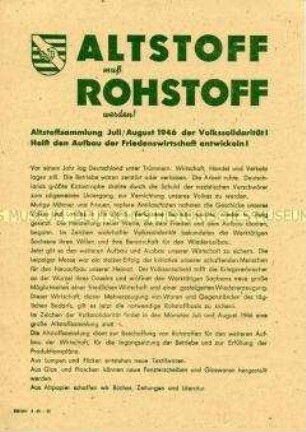 Aufruf des Kreisausschusses Dresden der Volkssolidarität zur Sammlung von Altstoffen