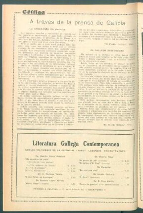 A través de la prensa de Galicia : La enseñanza en Galicia [y] El gallego desconocido [tomado de "El Pueblo Gallego" de Vigo]