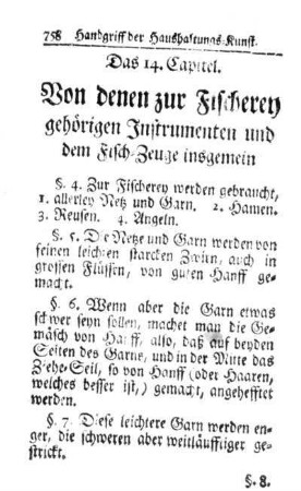 Das 14. Capitel. Von denen zur Fischerey gehörigen Instrumenten und dem Fisch-Zeuge insgemein.